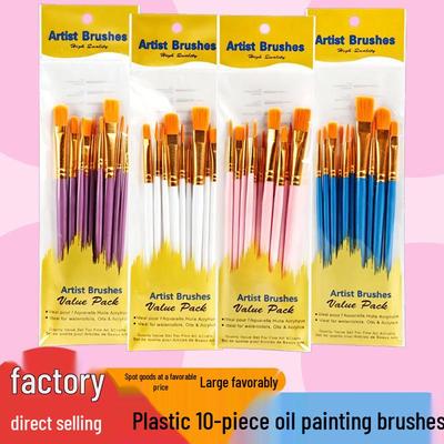 Cross Plastic Oil Paint Brushes, 10-Piece Set with Nylon Bristles, Flat Head for Children's Art Classes.