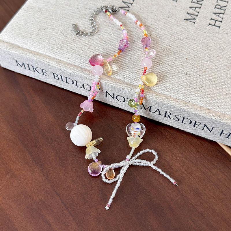 Summer Colorful Beaded Bow Necklace Women's New Dopamine Choker Sweet Spice Collarbone Chain