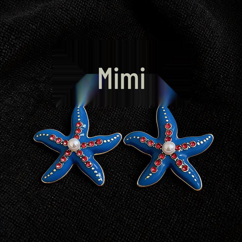 Starfish Rhinestone Pearl Stud Earrings: High-End European & American Resort Style