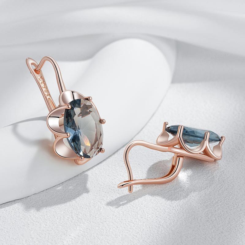 Boucles d'oreilles pendantes ovales grises pour femmes Couleur or rose Avec zircon naturel Haute qualité Bijoux fins quotidiens