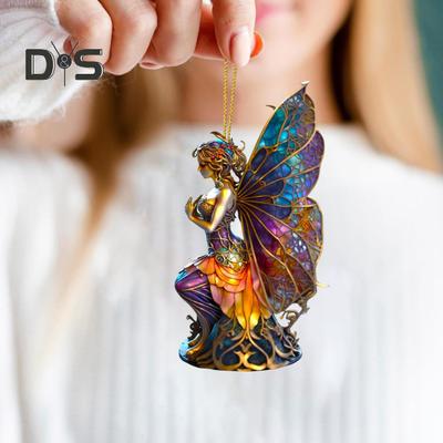 Halloween Pendant Acrylic Witch Fairy Hanging Ornaments Colorful Butterfly Wings Pendant for Car Bag Halloween Decor