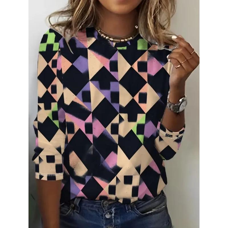 Autumn Women's 3D Geometric Print Crew Neck Long Sleeve T-Shirt