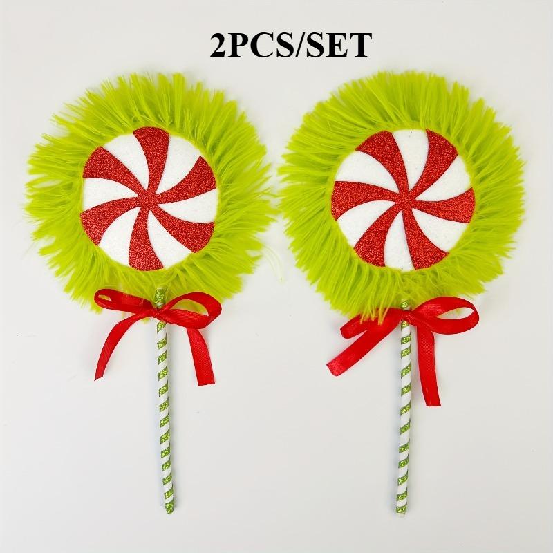 2PCS/SET Christmas Tree Picks Decorations, Polyester Plush Candy with Green & Red Lollipop, Festive Xmas Branch Ornaments