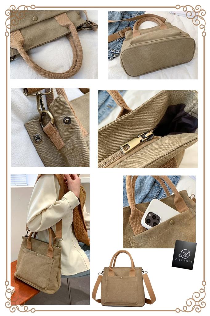 Aquamie Canvas Tote Bag, Small, Horizontal, Shoulder Tote, ShoulderCrossbody Bag (White)