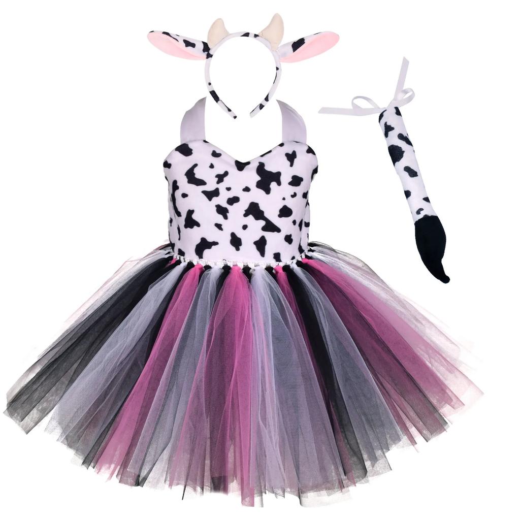 Baby Girls Halloween Animal Cosplay Costume Kids Forest Theme Giraffe Cows Tiger Leopard Zebra Print Tutu Dress Birthday Party