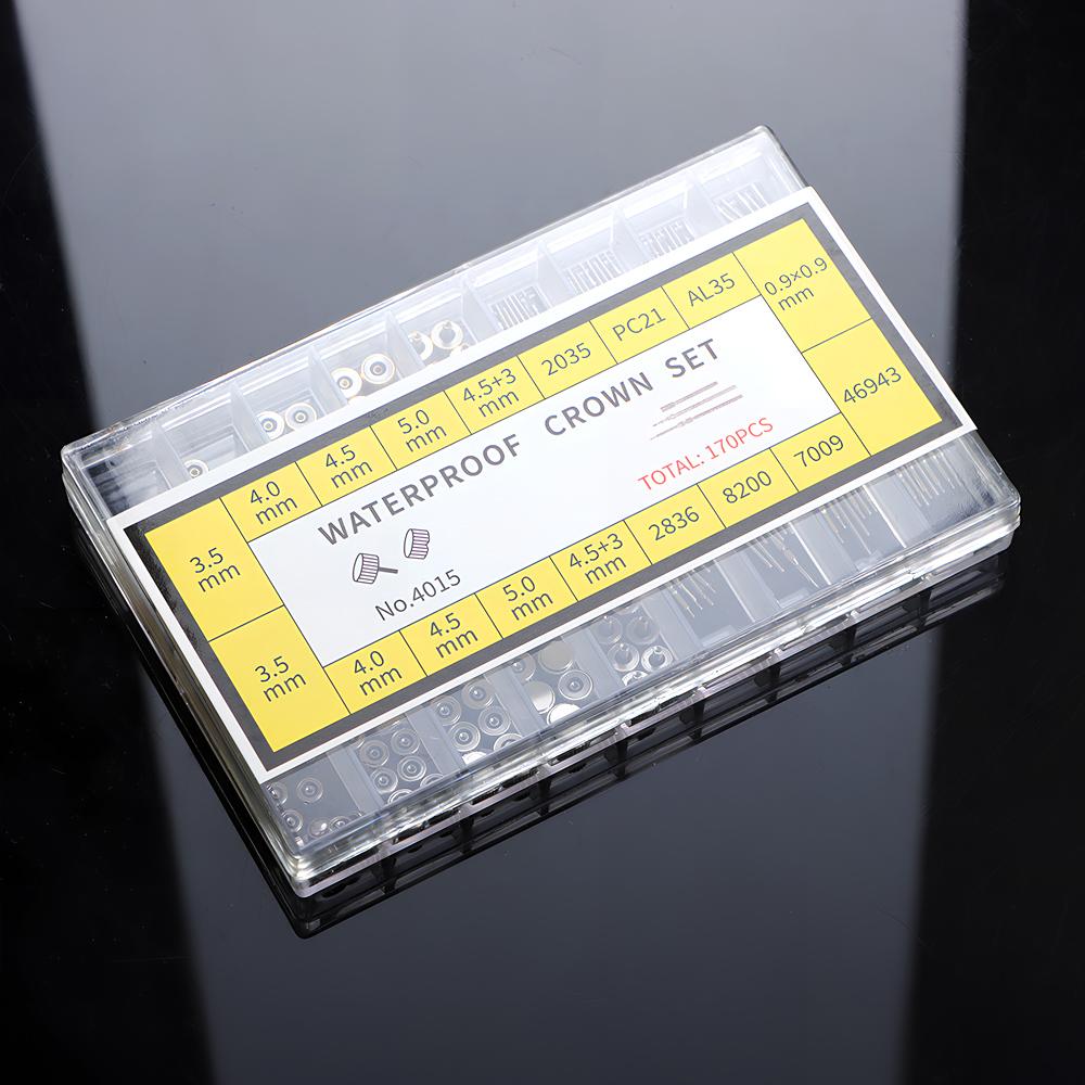 

170Pcs/Box Watch Crown Parts Repair Tool Kits with Box Replacement Case Crown Stem Assorted Dome Flat Head Watch Accessories