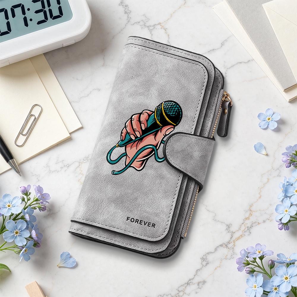 Fashion Handheld Mic Pattern Long Wallet Forever Multi Card Slot Zipper Purse
