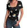 Women Slim Fit Square Neck Short Sleeve Top Vintage Floral Print Stretchy Ribbed Fabric Casual Summer Shirt