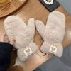 Soft Plush Winter Thick Warm Women Mittens Solid Color Glove with Ropes Casual Outdoor Riding Cold Wind Proof Mitten