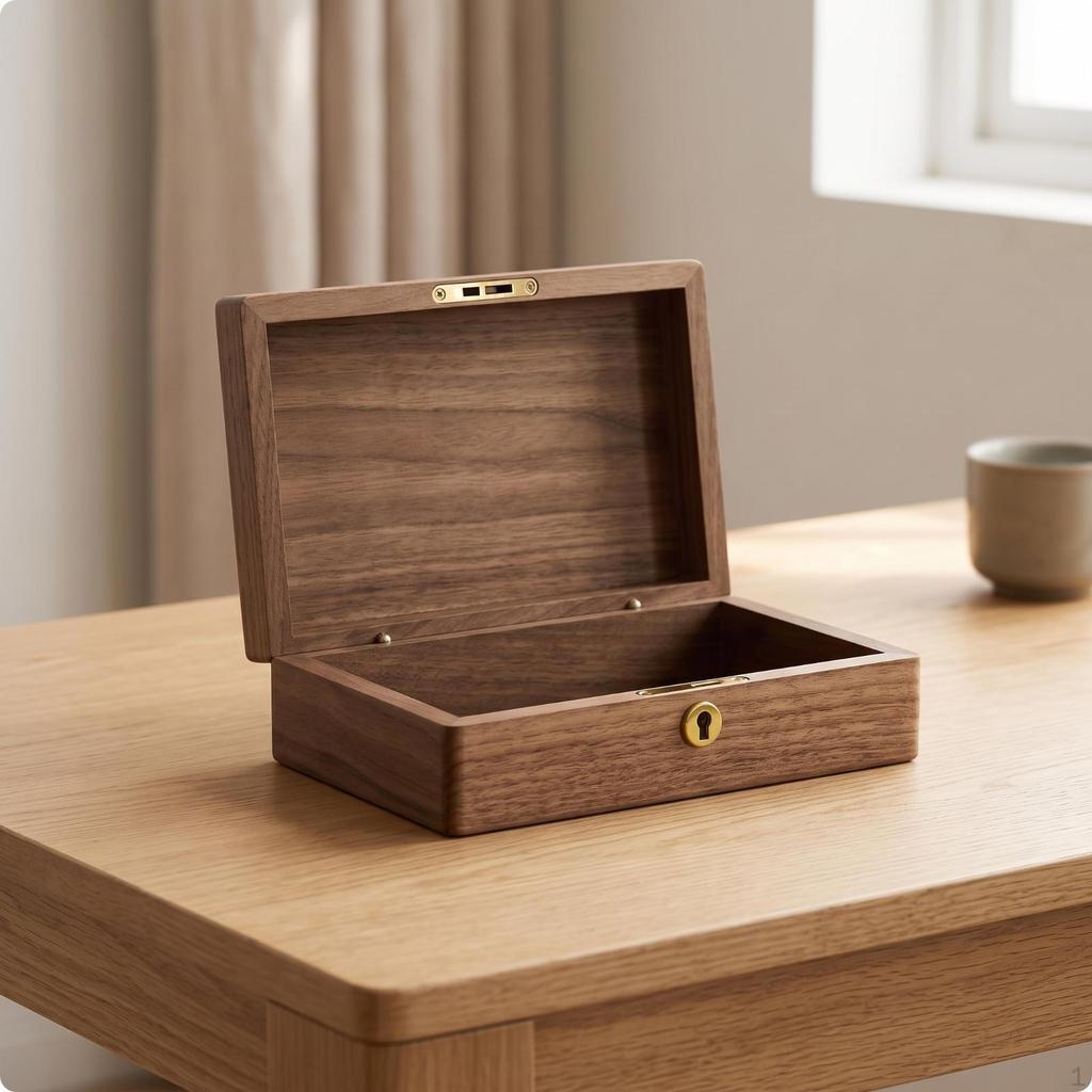 Wooden Storage Box with Hinged Lid | Smooth Rounded Edges, Walnut Desktop Box, for Desk L