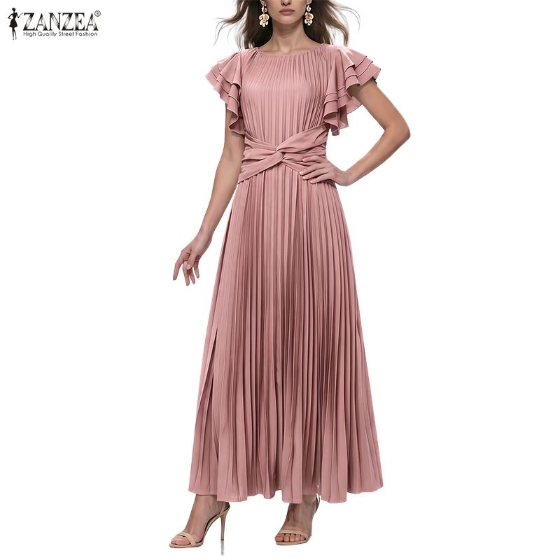 ZANZEA Women Casual Round Neck Ruffles Short Sleeve Loose Pleated Long Dress