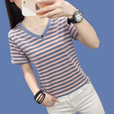 Sommer Damen Baumwolle Kurzarm T-Shirt Locker Gestreift Lässig T-Shirt Große Größen Bequem Atmungsaktiv Mode Oberteil
