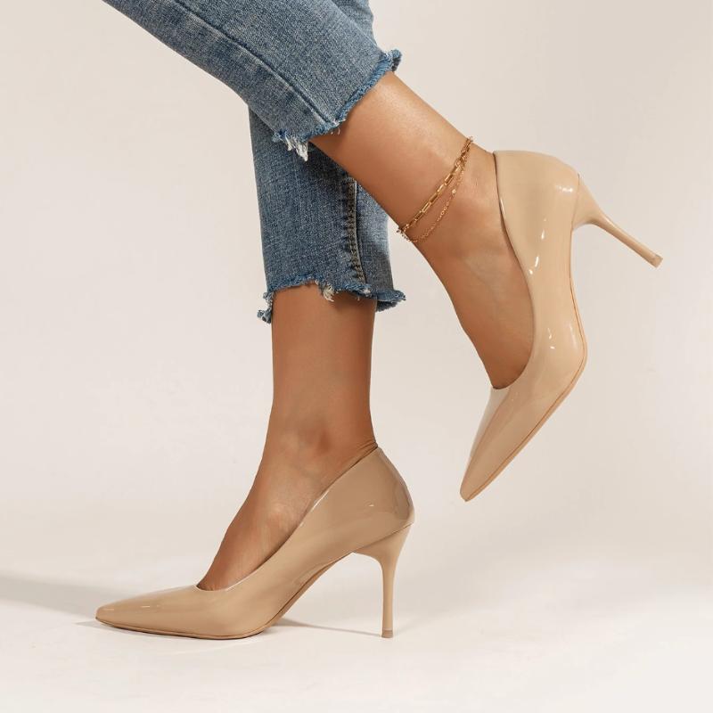 Fashion 2025 New Nude Pumps for Women High Heel Shoes Female Fashion Patent Leather Sexy Pointed Toe Thin Heel Wedding Shoes Plus Size