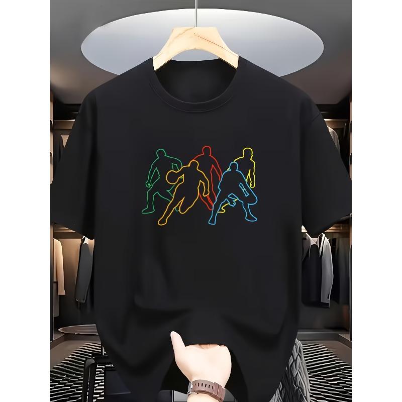 

European sizes Basketball Player Matchup Silhouette T-Shirt - White with Multicolor Court Line Design, Round Neck Short Sleeve Casual Summer Tee 4XL чорний