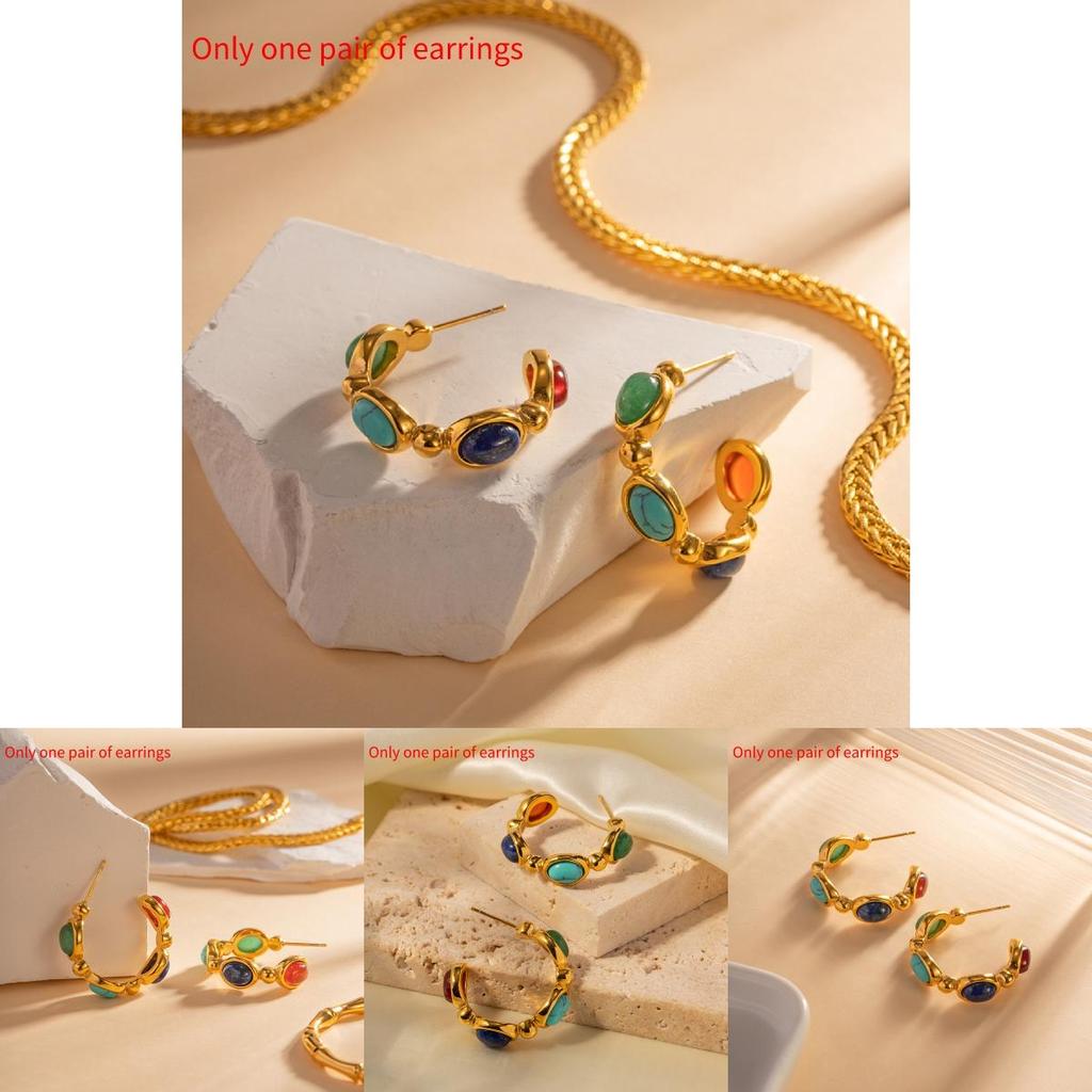 Fashionable And Versatile Stainless Steel Earrings With 18k Gold Plating Geometric Shape Embedded Natural Stone