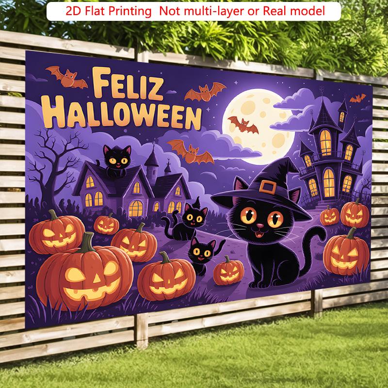 Party Backdrop Halloween Flat Pumpkin Witch Witches Cats Pumpkins Photo Background Decor Party Decor