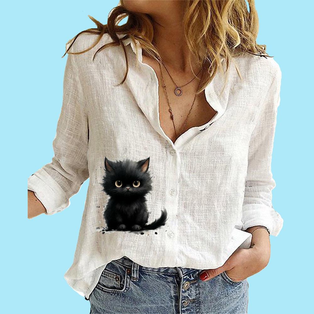 Women Fashion Buttoned Long Sleeve Shirt Ladies Casual Thin Cotton Linen Print Top Stand Neck Long Sleeved Blouse