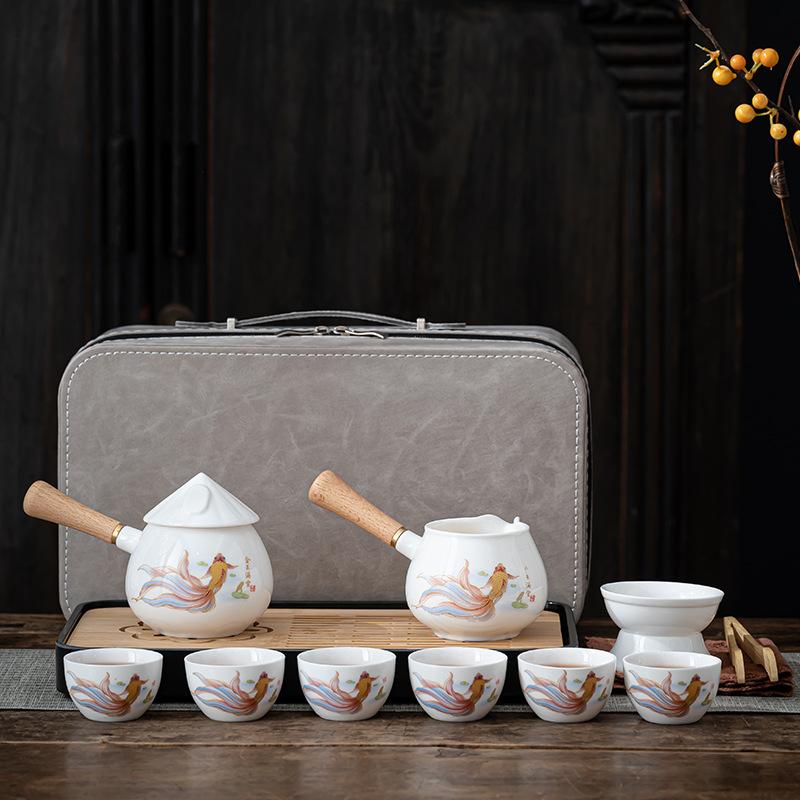 Suet jade white porcelain travel tea set portable kung fu tea set side handle teapot business gift souvenir