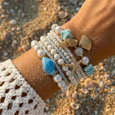 Bohemian Multilayer Pearl Beaded Bracelet Set for Women Summer Ocean Beach Starfish Shell Charm Elastic Bangles Holiday Jewelry