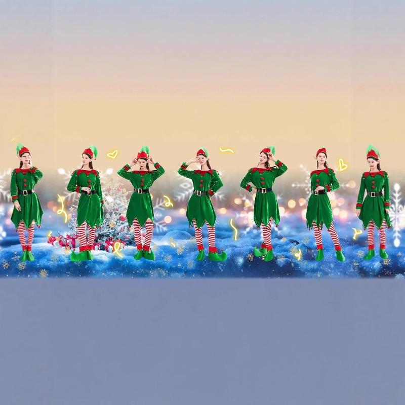 New Ladies Christmas Elf Costume Solid Color Velvet Dress Set Santa Helper Costume Cosplay