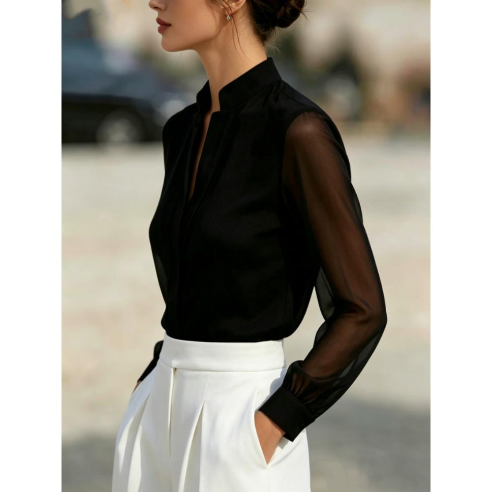 Mesh-paneled Satin Stand-up Collar, Plain-coloured, Sophisticated-chic Women’s Blouse