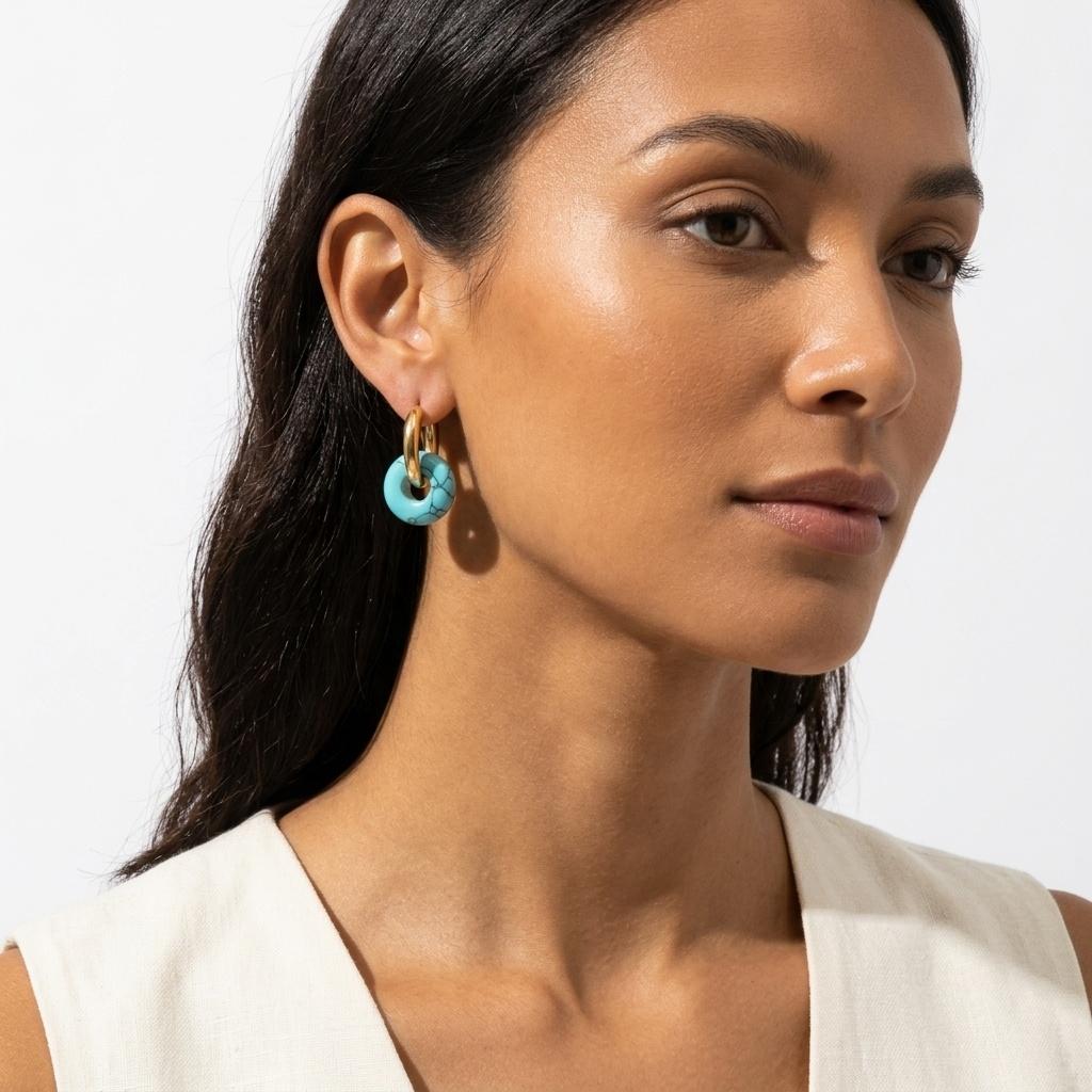 YF7031 Trendy Non Tarnish Hypoallergenic Jewelry 18K PVD Gold Plated Stainless Steel Natural Stone Agate Gemstone Hoop Earring