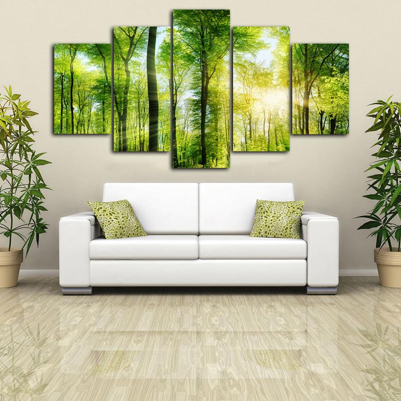 

Modern Art Posters and Prints Wall Art Canvas Painting 5Pcs Sunrise Landscape in the Forest Decorative Pictures for Living Room