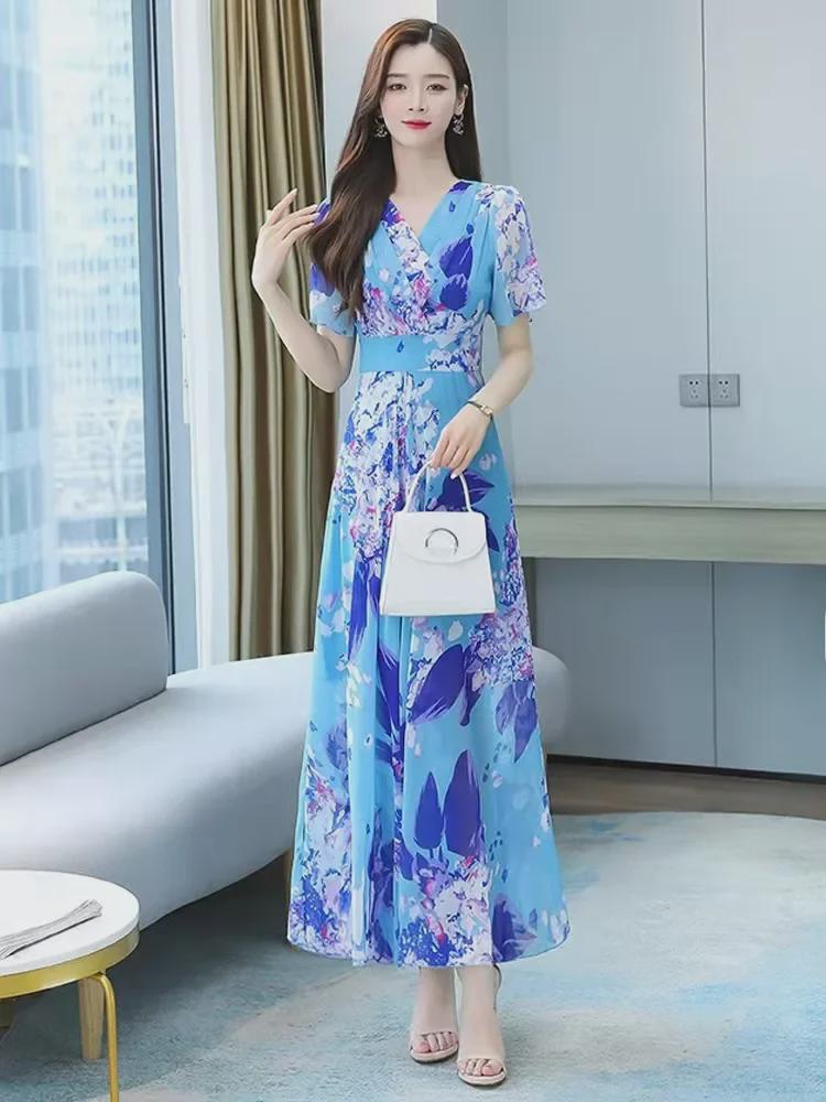 

Летнее женское платье с V-образным вырезом и короткими рукавами с принтом — милое, универсальное и модное в корейском стиле XXL небесно-голубой