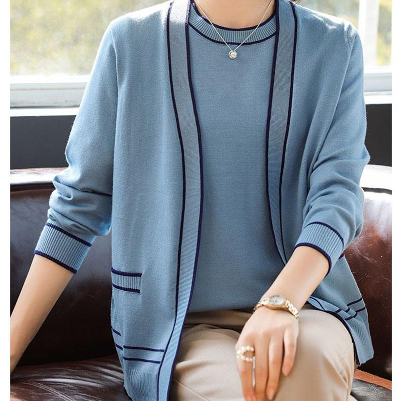 Spring  Autumn Women's Knit Top Two-Piece Set Color-Block Knit Cardigan Knit Short-Sleeve T-Shirt Two-Piece Set