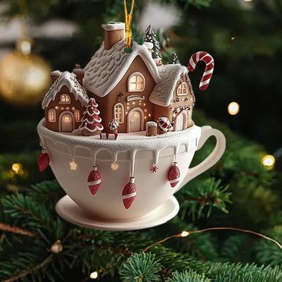 Ozdoby na kávové šálky Přívěsek na vánoční stromek 2D Akrylové Vánoční Sněhové domky Hrnky na čokoládu Dekorace do auta 2025 Vánoce Navidad