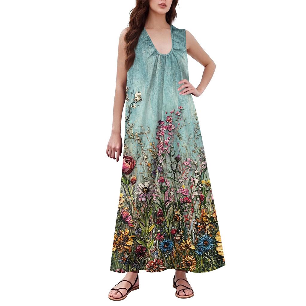 Women's Fashion Casual A-line Retro Printed Hammer Feeling Loose Long Skirt With Pockets