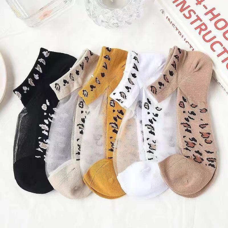5 Pairs Of Womens Slass Filament Fiber Spring And Summer Thin Transparent Leopard Socks Polyester Sock Sole