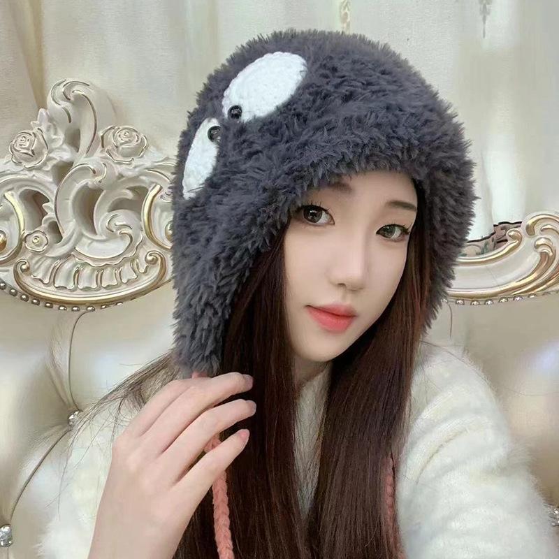 

Милые плюшевые шапки с большими глазами для женщин, чтобы согреться зимой, с флисовыми ушами. Большие головные уборы. Смешной пуловер и тенденции вязаных шапок M（56-60cm）