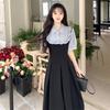 Large Size College Style Fake Two-piece Splicing Dress Women's Clothing Summer Fat Mm New Waist and Thin A-word Long Skirt