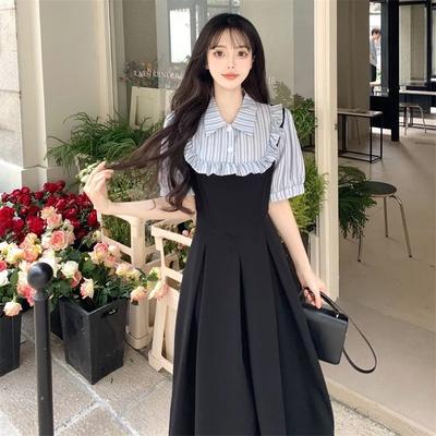 Large Size College Style Fake Two-piece Splicing Dress Women's Clothing Summer Fat Mm New Waist and Thin A-word Long Skirt