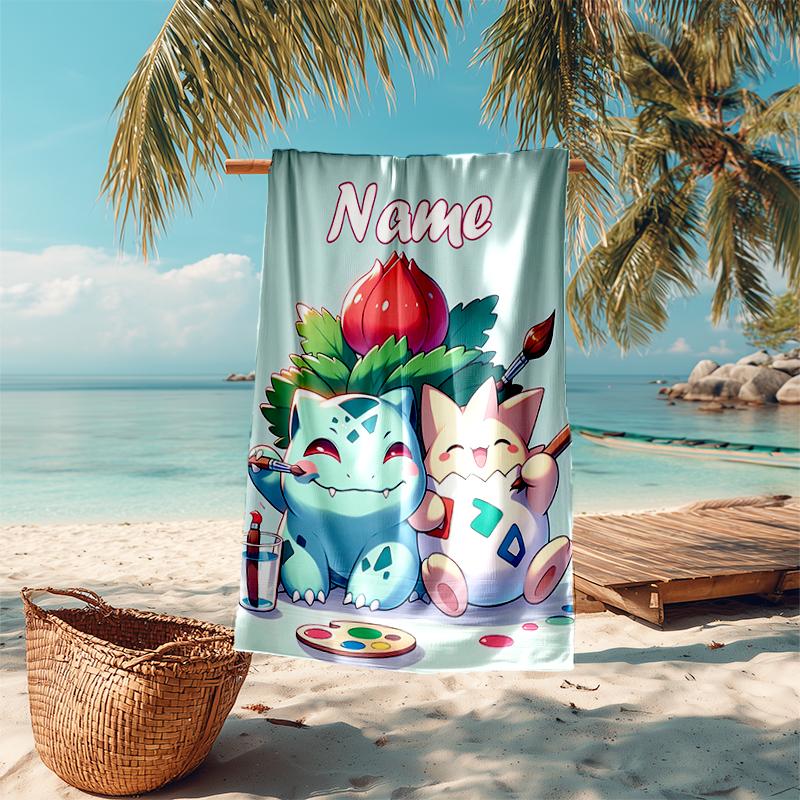 Personalized customized proof beach towel with Pokémon Bulbasaur pattern - soft, absorbent,quick-drying,perfect swimming,camping&bathing