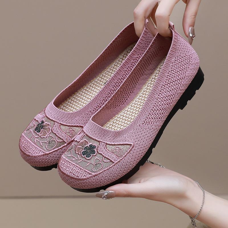 New Summer Breathable Hollow Mesh Women's Single Shoes Embroidered Shallow Mouth Mother Shoes Light and Comfortable Doudou Shoes