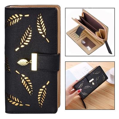 Women's Rose Gold Vegan Leather Leaf Bi-fold Card Coin Holder Long Wallet