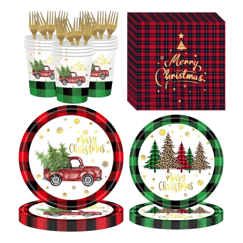 Plaid Print Christmas Disposable Tableware Set Serves 24 Disposable Paper Tableware  New Year