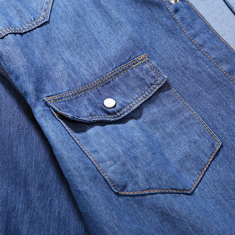 2026 Frühling Herren Slim Fit Jeanshemden Herren Freizeit Unifarben Langarm Baumwollhemden Herren Jeanshemd Mode Cowboyhemd 4XL