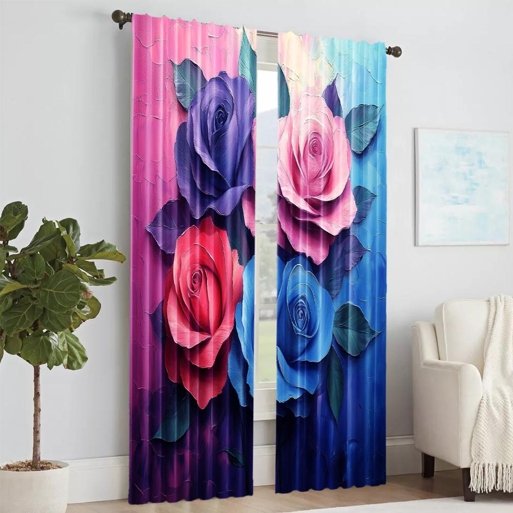 Set Of 2 Versatile Polyester Transparent Curtains Home Decoration Colorful Roses Use Bedrooms Living Rooms Made Area Window Treatment