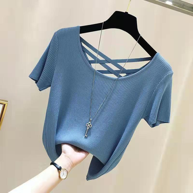 Korean Style Women's Slimming Backless Ice Silk Ribbed T-Shirt