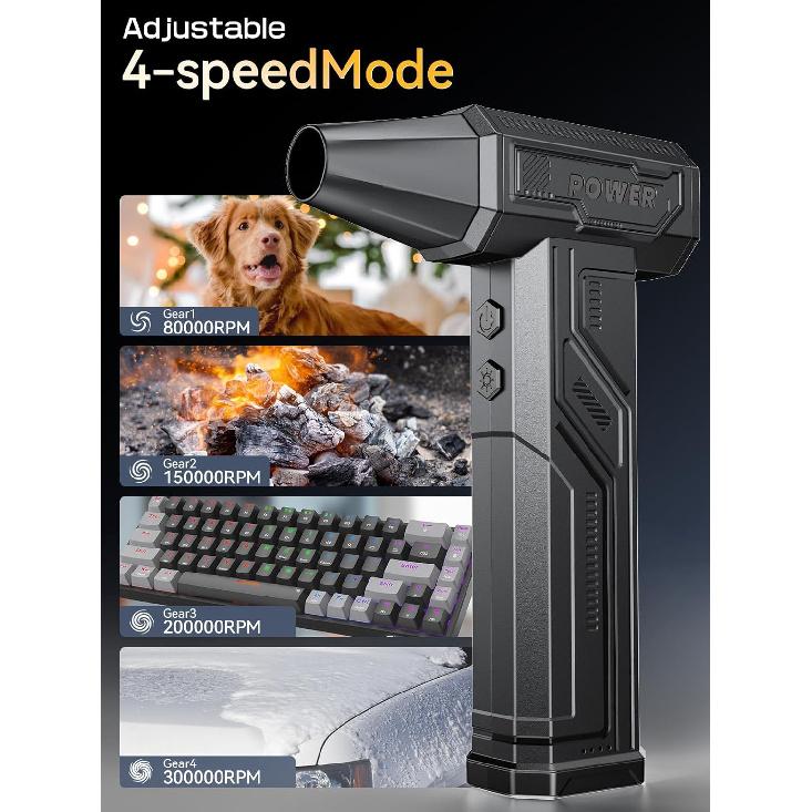 Electric Air Duster, 300000RPM 4-Gear Adjustable Compressed Air Duster with Light, Rechargeable Brushless Motor Air Blower for Keyboard, PC, Car, and