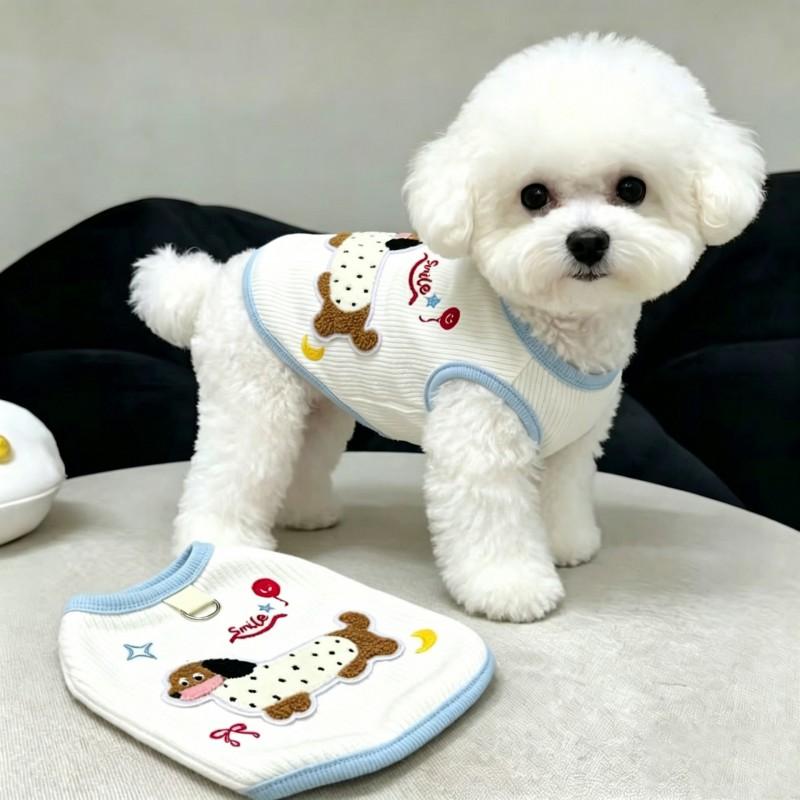 Lightweight Dog Vest Dachshund Schnauzer Bichon Teddy - Cartoon Style Cotton Blend Sleeveless Top In White Blue Pink
