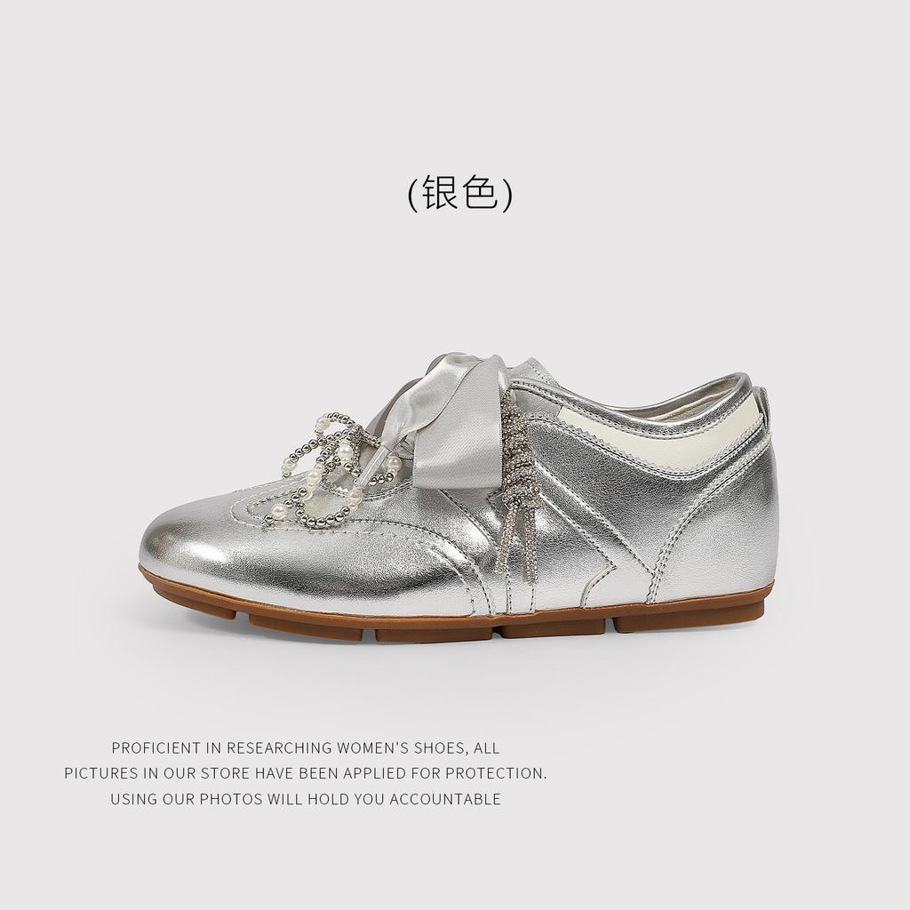 5Cm Height Increase - Star With The Same Pearl Bow German Training Shoes Casual Invisible Height Increase Lightweight Ballet Style Sneakers
