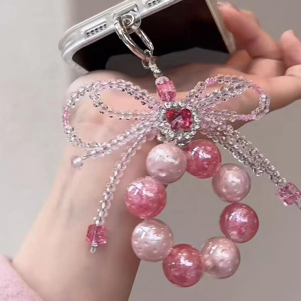 ins wind dream girl elegant bow mobile phone chain sweet beaded butterfly flash diamond bag pendant