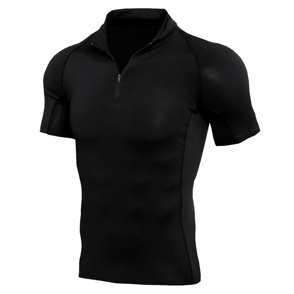 Men's Stand Collar Zipper Fitness Short Sleeve Training Stretch T-shirt Sports Quick-drying Clothes