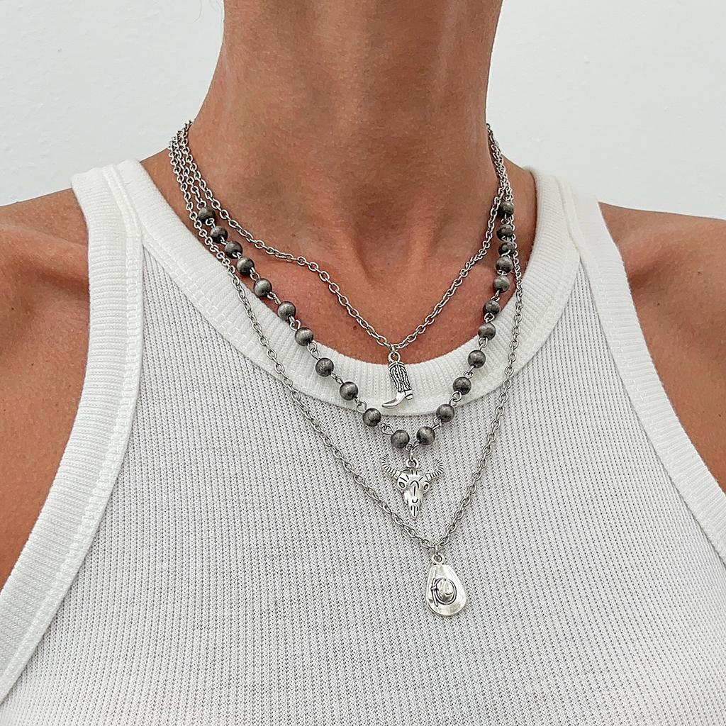 PuRui Ethnic copper Color 3Pcs/Set Thin Chain Necklace for Women Boot Horn Pendant Adjustable Round Beads Choker Zircon Gift