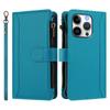 For iPhone 16 Pro Leather Case 9 Card Slots Zipper Wallet Stand Phone Cover with Wrist Strap