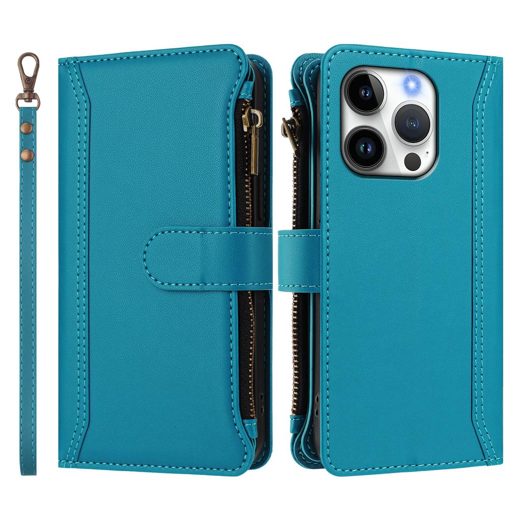 For iPhone 16 Pro Leather Case 9 Card Slots Zipper Wallet Stand Phone Cover with Wrist Strap